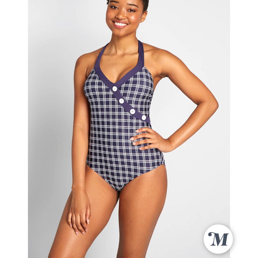 ModCloth Navy Plaid V Neck One Piece Swimsuit Medium